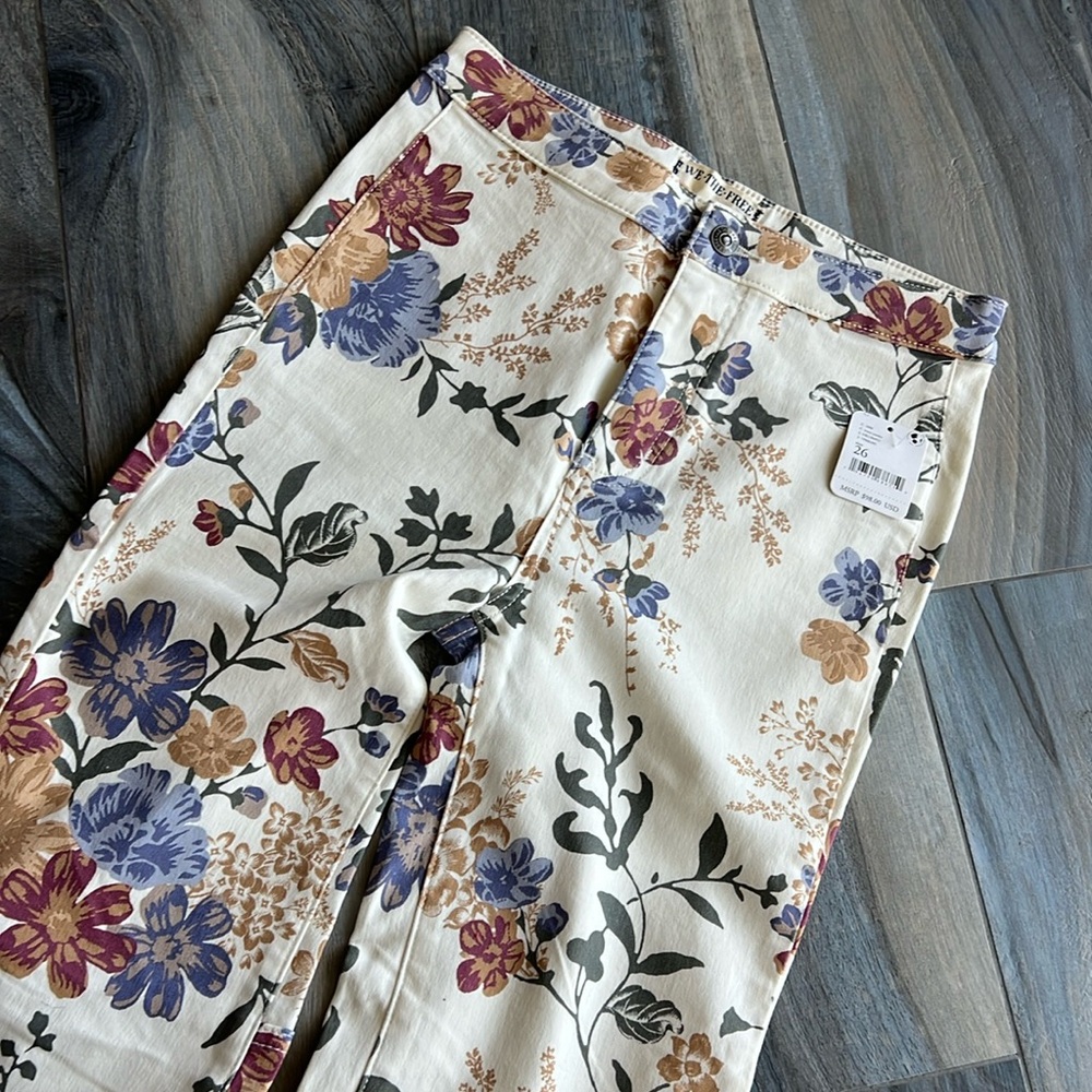 Free People Floral Boot Cut Pants - Cream, Purple, Brown